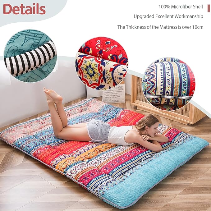 MAXYOYO Bohemian Retro Vintage Floral Japanese Futon Mattress Roll Up Tatami Floor Mat Foldable Bed Portable Camping Mattress Sleeping Pad Floor Lounger Couch Bed, King