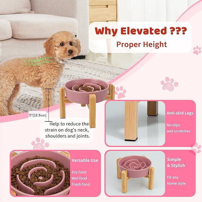 Elevated Slow Feeder Dog Bowl - Ceramic Maze Food Dish with Bamboo Stand - Raised Feeding Bowl for Fast Eaters - Ideal for Small and Medium Dogs - Pink - 6.7 inch