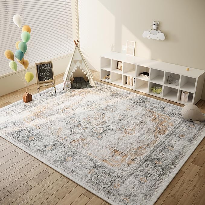 6x9 Area Rugs for Living Room: Washable Rug Stain Resistant Vintage Non Slip Low Pile Faux Wool Soft Large Area Rug for Bedroom Kitchen Dining Room Under Table Nursery Farmhouse Home Office Indoor