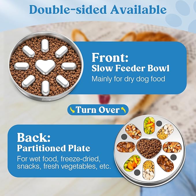 Slow Feeder Dog Bowls, 304 Stainless Steel Slow Feed Pet Bowl with Non-Slip Base for Medium Breed Dogs to Stop Bloat Prevent Choking, Dishwasher Safe, Silver
