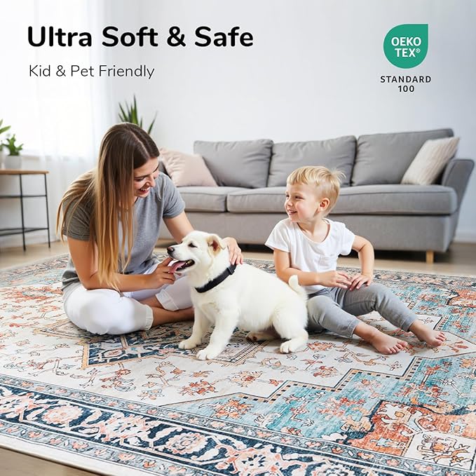 Lessymo 5x7 Area Rugs for Living Room, Washable Rug for Bedroom Kitchen Dining Room, Soft Vintage Carpet Non Slip, Large Boho Rug Low Pile for Entryway Dorm Nursery Kids Room Bedside, Orange/Blue
