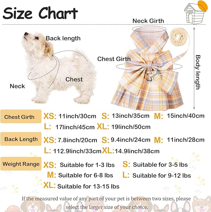 4 Pcs Cute Plaid Dog Dress Set with Bow Tie Harness & Leash for Small Dogs, Puppy Clothes for Girls Outfits(XS,Light Color)