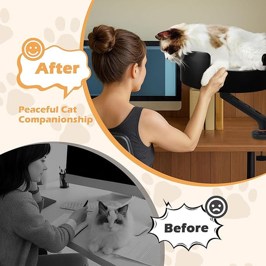 Cat Desk Bed,Solid Wood Cat Bed,360°Rotating Perch，Mat Machine Washable,14.7" Round Pet Bed Space-Saving Design for Office/Home