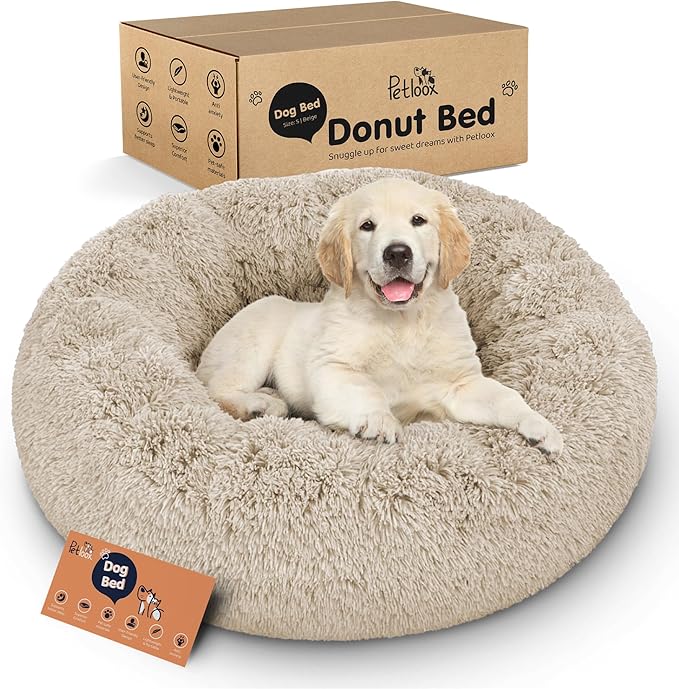 Donut Dog Bed - Premium Comfort for Anxiety Relief - Fluffy & Calming Design with Ultra-Plush Support | Cozy Round Dog Bed with Super Soft Circle Style (Beige, Small)