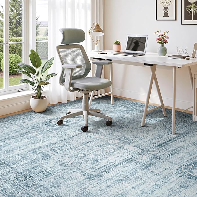 9x12 Area Rug for Living Room Bedroom Dining Room, Large Washable Soft Faux Wool Carpets, Neutral Retro Aesthetic Non-Skid Stain Resistant Blue Rugs for Kids Room