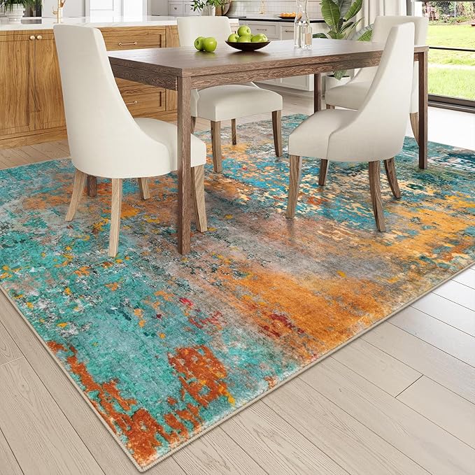 Lahome Modern Abstract Area Rugs 9x12 Living Room Rug, Washable Rugs for Living Room Bedroom Low Pile Non Slip, Colorful Large Soft Indoor Carpet for Dining Room Table Apartment Classroom