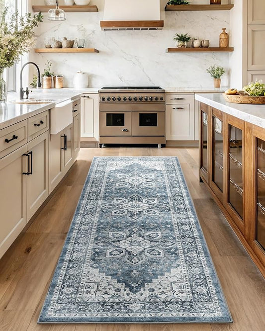 AMADA HOMEFURNISHING 2.6x8 Washable Area Rug, Low-Profile Entryway Rug with Non-Slip Backing & Durable Edge Binding, Vintage Rug Pattern, Small Rugs for Entryway, Kitchen & Living Room