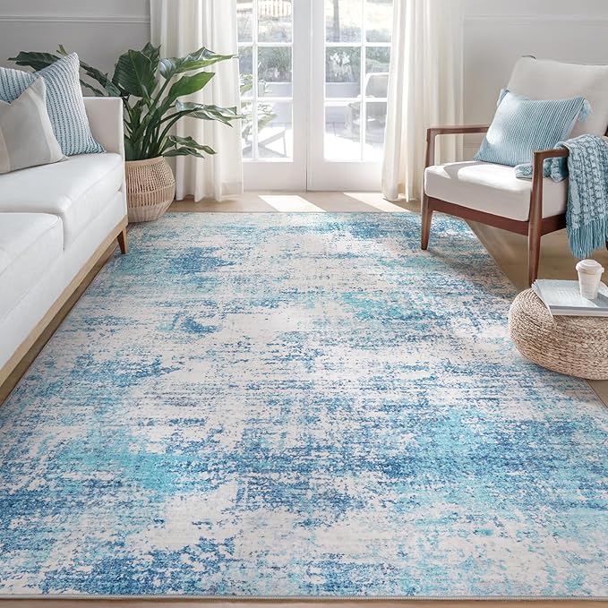 Area Rug Living Room Washable Rugs: 6x9 Modern Neutral Abstract Low Pile Non Slip Floor Carpet - Large Soft Thin Stain Resistant Rug for Bedroom Dining Indoor Office Home, Blue