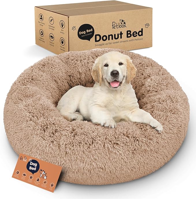 Donut Dog Bed - Premium Comfort for Anxiety Relief - Fluffy & Calming Design with Ultra-Plush Support | Cozy Round Dog Bed with Super Soft Circle Style (Camel, Small)
