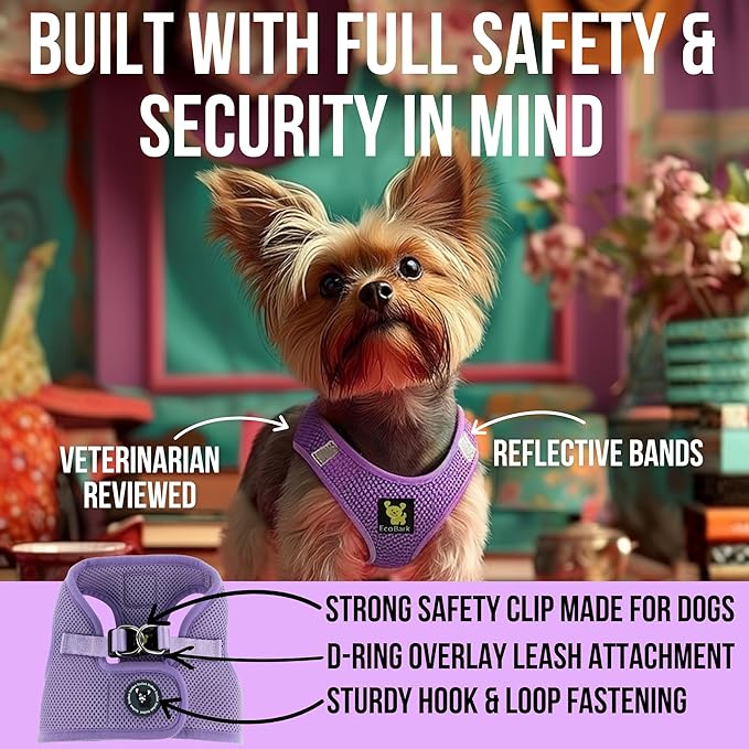 EcoBark Teacup Dog Harness - Step in Luxury Dog Harnesses for Teacup Breed Dogs - Reflective and Adjustable Mini Body Halter Vest -Tiny Soft Mesh Toy Breed Harness (Lavender, XXS)