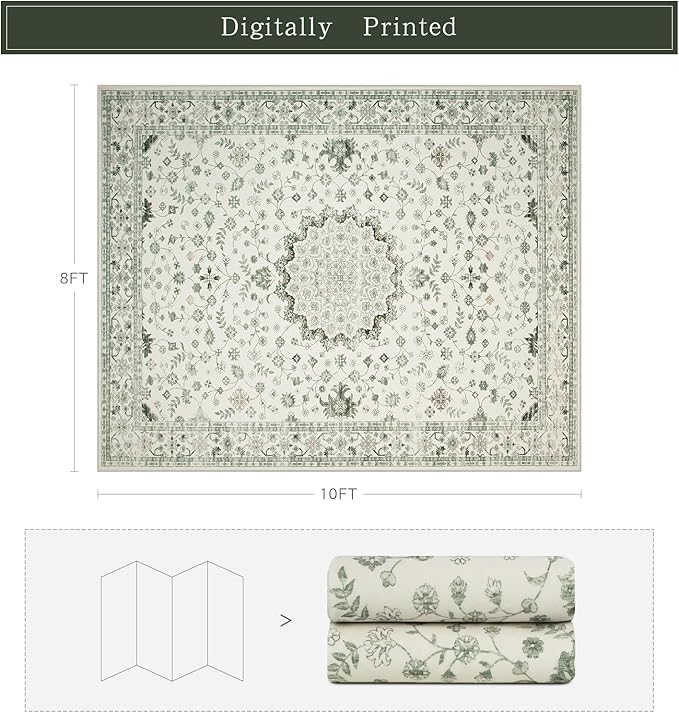 Washable Rugs 8x10 Area Rugs for Living Room,Rugs for Bedroom,Large Carpets,Ultra Soft Faux Wool Retro Dining Room Rug,Non Slip&Non-Shedding Low Pile Vintage Print Rug for Home Office-Green