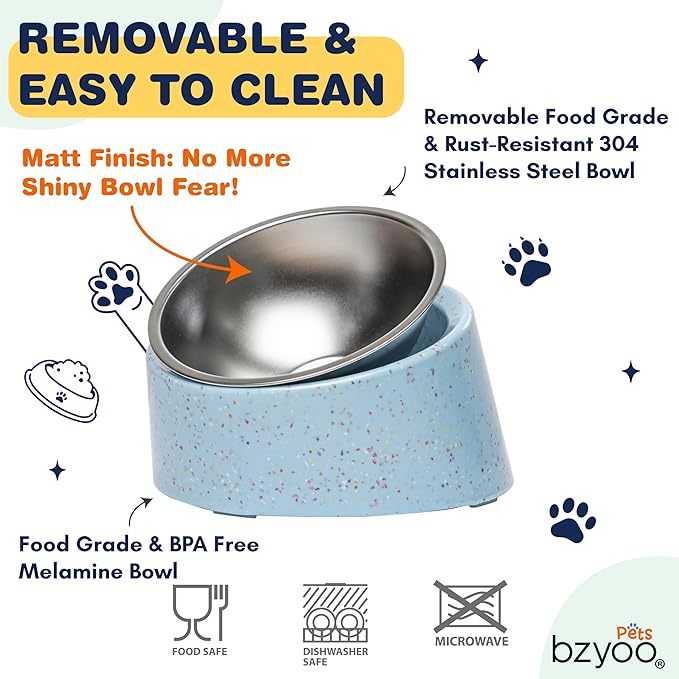 Bzyoo 2 Cup Tilted Dog Bowl for Small Dogs & Cats, Stylish Sprinkle Design, Elevated, Stainless Steel 16oz Inner Bowl, Non-Skid, Reduce Spillage, BPA-Free, Dishwasher Safe Color:Blue