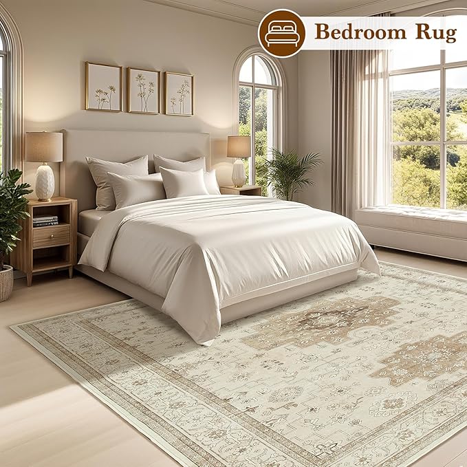 LBRO2M Vintage Washable Rugs 8X10 for Living Room Bedroom Office Farmhouse Non Slip Distressed Area Rugs Easy Clean, Soft, Stain Resistant Carpet Low Piles Great for Pets and Kids (8'X10' Beige)
