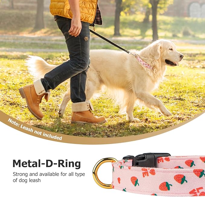Cotton Handmade Dog Collar Cute and Distinctive Patterns Pink Strawberries with Pendant for Girl Boy Dogs Collars M