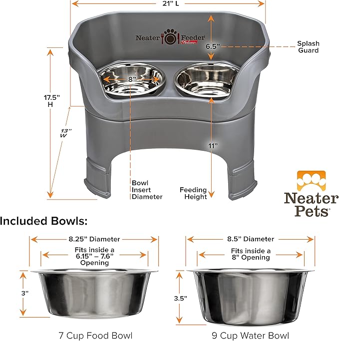 Neater Feeder Deluxe Mess Proof Dog Bowls Elevated for Large Dogs – Made in USA – No Spill Raised Dog Food Bowl Stand w/Leg Extensions – Stainless Steel Dog Food and Water Bowl Set – Grey