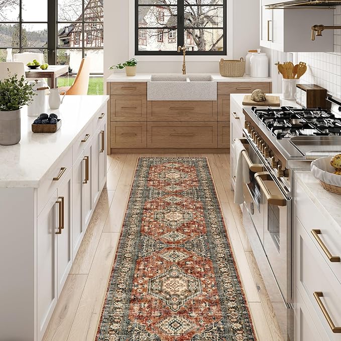 Lahome Oriental Hallway Runner Rug, 2.5x10 Washable Runner Ultra-Thin Hallway Rug for Bedroom Entryway, Soft Long Carpet for Kitchen Bathroom ?랰aundry Room, Brick Red