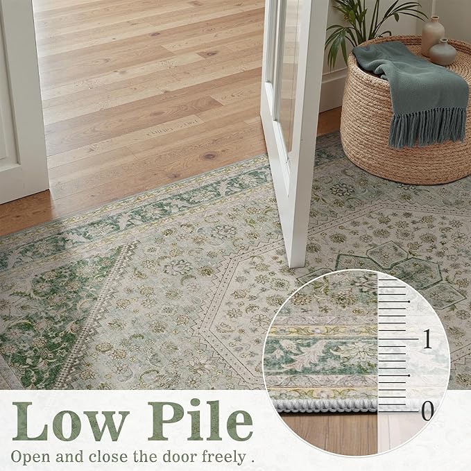 DCX Green 9x12 Area Rug, Machine Washable Non Slip Stain Resistant Vintage Rug for Living Room, Bedroom, Playroom, Soft Low Pile Large Nursery Carpet