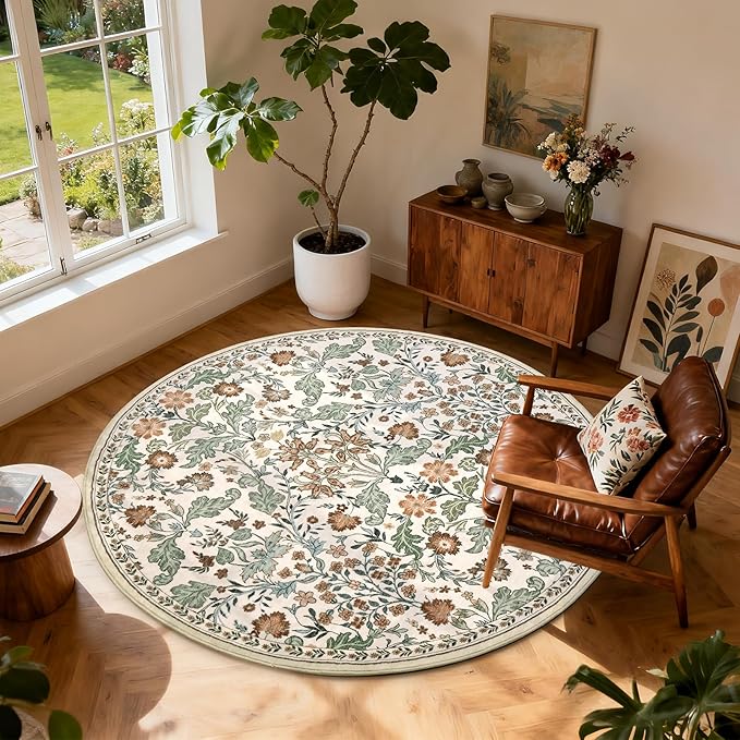Floral Area Rug for Living Room: 6x6 Round Washable Soft Low Pile Thin Indoor Carpet, Non Slip Stain Resistant Vintage Flower Boho Accent Large Rugs for Bedroom, Dining, Home Office, Nursery - Beige