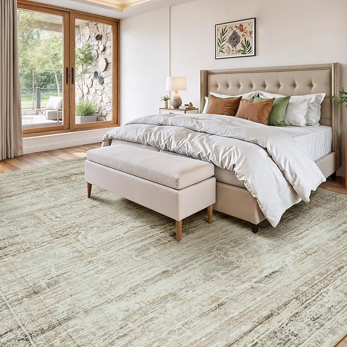 Large Area Rugs 9x12 Living Room, Washable Soft Faux Wool Carpet for Bedroom Dining Room, Neutral Vintage Distressed Non Slip Stain Resistant Beige Rug for Office Decor