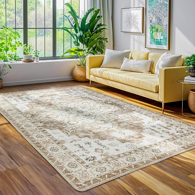 LBRO2M Boho Area Rug 5X7 Washable Rugs for Bedroom Low Piles Indoor Carpet, Non Slip Soft Rug for Living Room, Dining Room, Foldable Pet Friendly Area Rugs Stain Resistant (5'X7' Butter Cream)