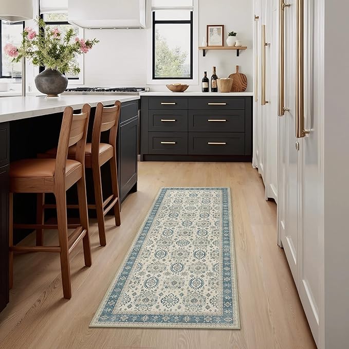 2x5 Runner Rug Machine Washable Boho Runners for Hallway,Ultra-Thin Low Pile Rug,Lightweight Indoor Carpet,Non Slip Floral Runners for Enrtyway, Corridor, Home Office, Kitchen,Aqua Blue