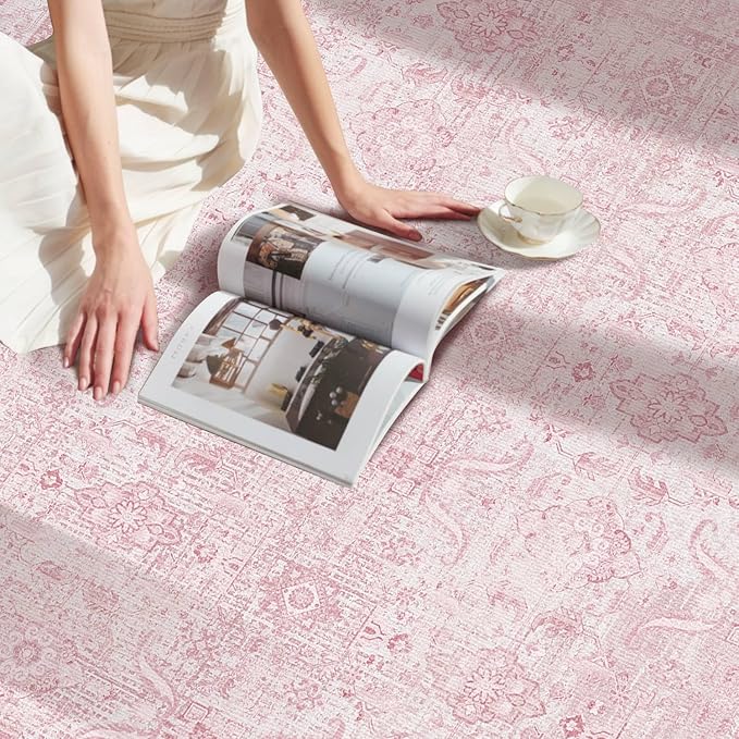 6x9 Area Rugs for Living Room Bedroom, Pink Large Washable Neutral Rug, Vintage Floral Retro Boho Non Slip & Low Pile Carpet for Indoor Dining Room, Classroom, Dorm, Nursery and Kids Room
