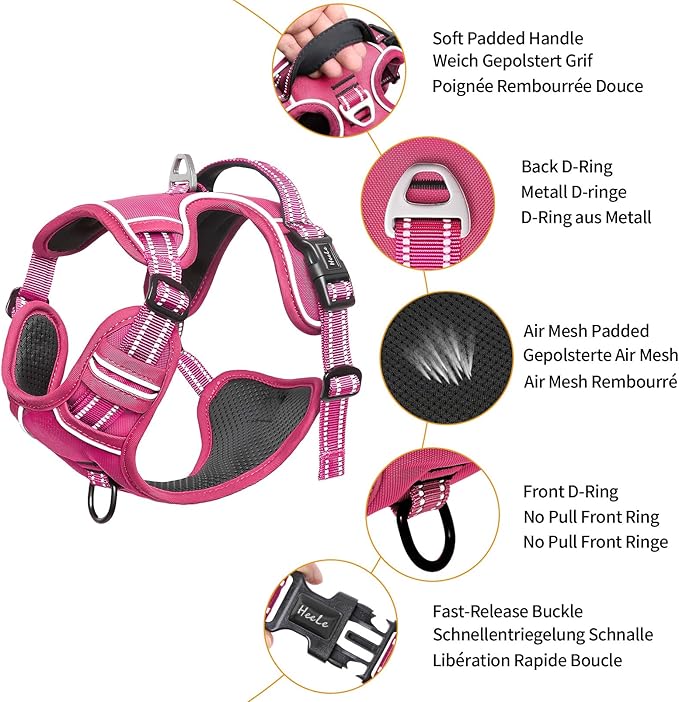 HEELE Dog Harness for Medium Dogs No Pull Dog Vest Harness with Soft Padded Handle Reflective for Outdoor Training, Rose(Matching Trim), M