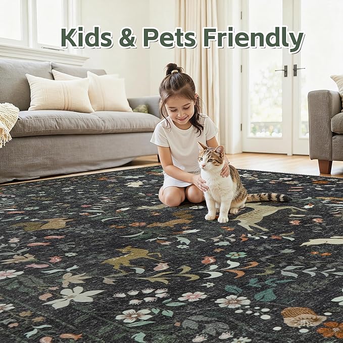 8x10 Area Rugs Washable Rug: Lagre Boho Living Room Rug Soft Non-Slip Thin Carpet Indoor Floor Non-Shedding Neutral Floral Carpets for Bedroom Dining Room Farmhouse Nursery Black