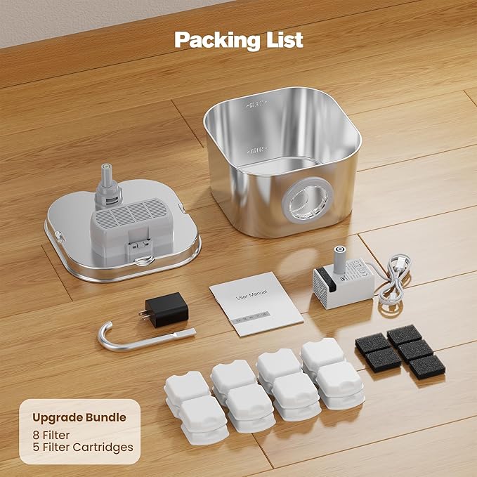 Cat Water Fountain with 8 Filters + 5 Sponges,Small Pet Waterer Dispenser Fountains for Drinking Cats Indoor Metal Automatic Waterer Bowl 24/7 Running Auto Kitty Watering Supplies Quiet Pump