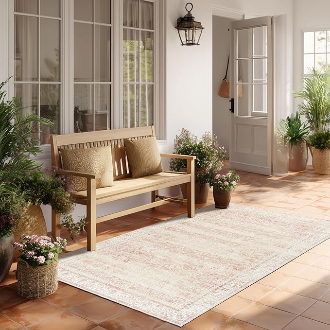 Vintage Pink Rug 3x5 Washable Non Slip Floral Aesthetic Indoor Rugs for Entryway Kitchen Low Pile Carpet for Laundry Room Bathroom Front Door Mat for Entrance 3 x 5
