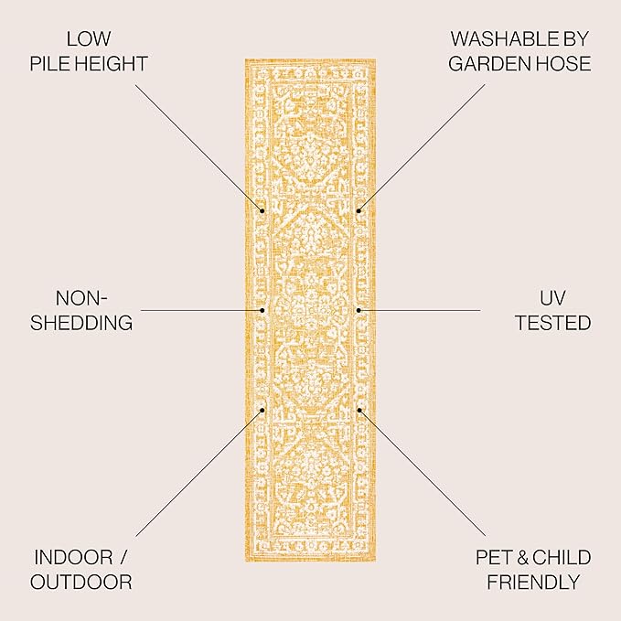 JONATHAN Y Boho Medallion Indoor Outdoor Runner Rug 2X10 Yellow/Cream, Malta Textured Weave for Backyard, Patio, Porch, Easy-Cleaning, High Traffic, Pet-Friendly, Non-Shedding (SMB104G-210)