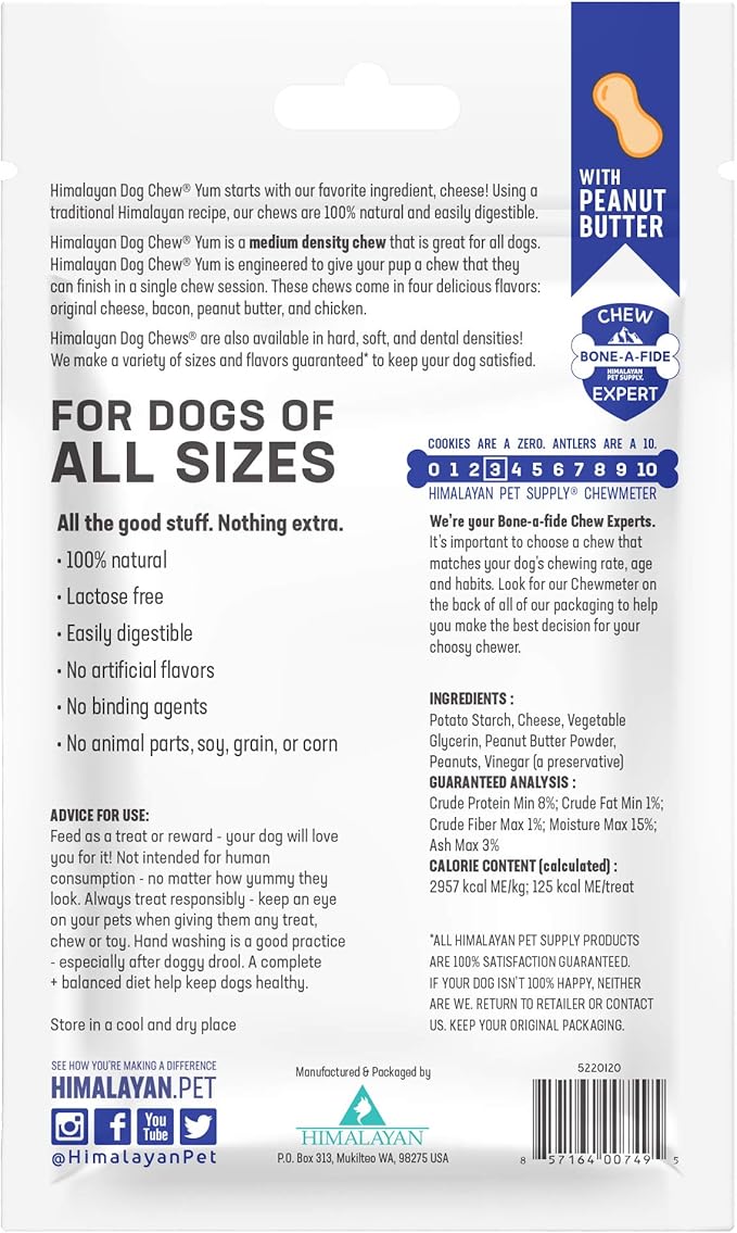 Himalayan Dog Chew Yak Cheese Dog Chews, Lactose Free & Grain Free, USA Made, For All Dog Breeds, Medium Density Cheese Chew, Resealable Pouch with 3 YUM Treats, Peanut Butter Flavor