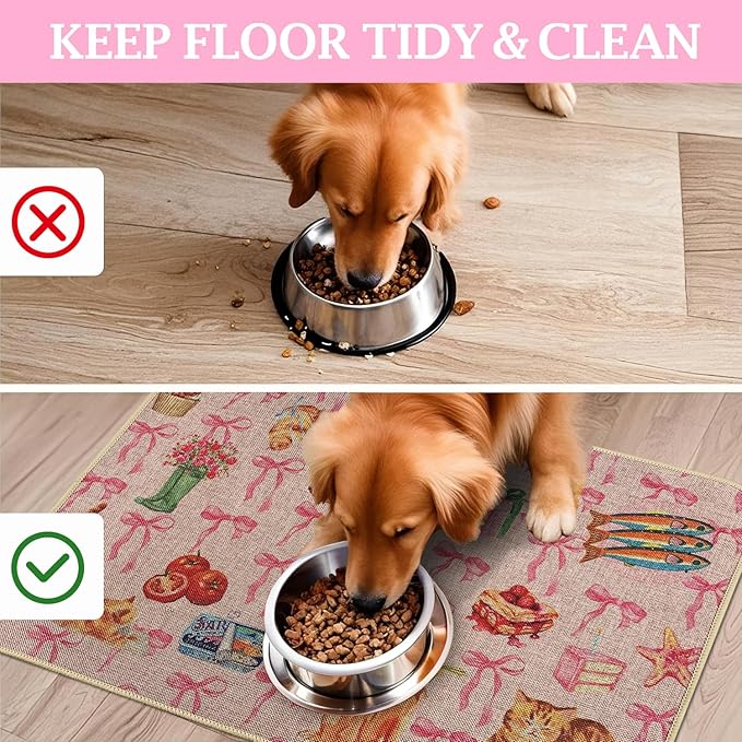 SHIYUE Dog Food Mats for Floors, Absorbent Cat Bowl for Food and Water, Non-Slip Accessories Pet Supplies(17"x30",Pink Bow Food)