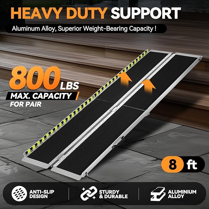 Auto Dynasty Wheelchair Ramp 8FT, Portable Folding Aluminum Wheel Chair Threshold Ramps for Home Steps Doorways, 800Lbs Capacity, 29Inch Width, Metallic/Black