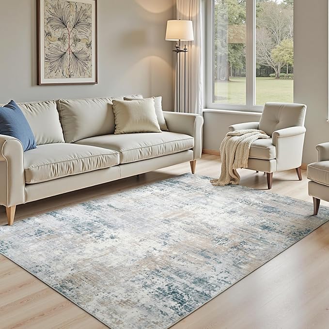 Area Rug 6x9 Washable Rugs for Living Room Blue Beige, Modern Abstract Non-Slip Low-Pile Printed Accent Carpet for Bedroom Office