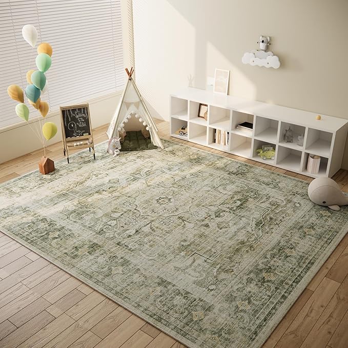 Washable Living Room Area Rugs: 6'x9' Bedroom Area Rug Boho Vintage Large Rugs Stain Resistant Non Slip Low Pile Faux Wool Soft Rug for Dining Room Bedside Kitchen Entryway Nursery Home Office