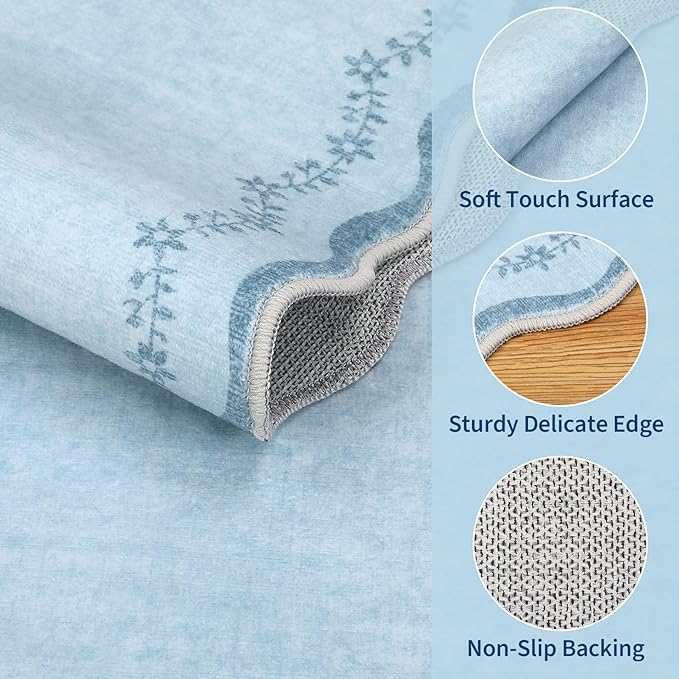 GarveeHome Valentines Scalloped Entryway Rug, 2x3 Solid Blue Washable Front Door Rug Indoor Entrance Floral Carpet Non-Slip Low Pile Throw Rugs for Kitchen, Powder Room, Entry, Bathroom, Kids Room