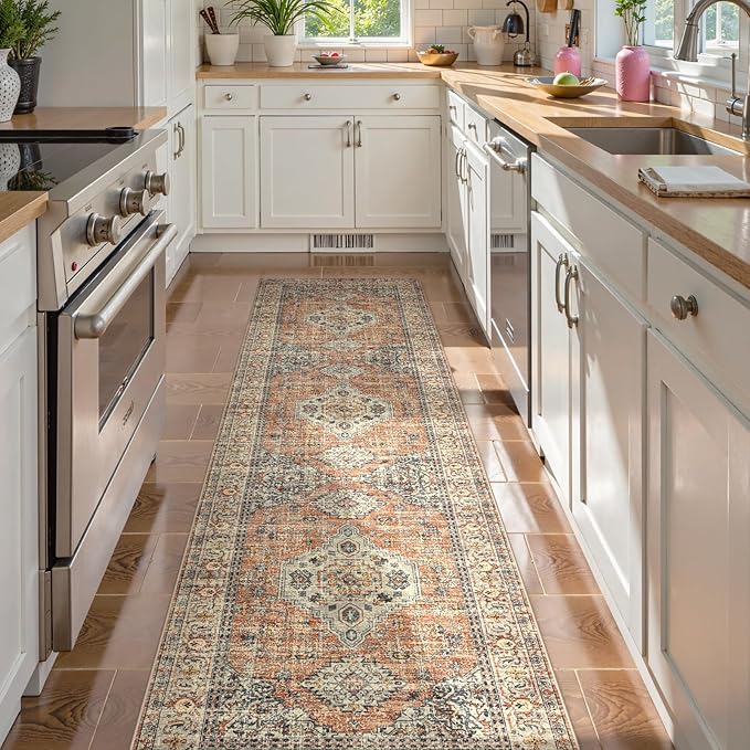 Lahome Oriental Kitchen Runners for Hallways, 2.5x10 Washable Runner Rug Non Slip, Soft Hallway Rug Distressed Ultra-Thin Long Carpet for Bathroom Entryway ?랡edroom, Peach/Orange