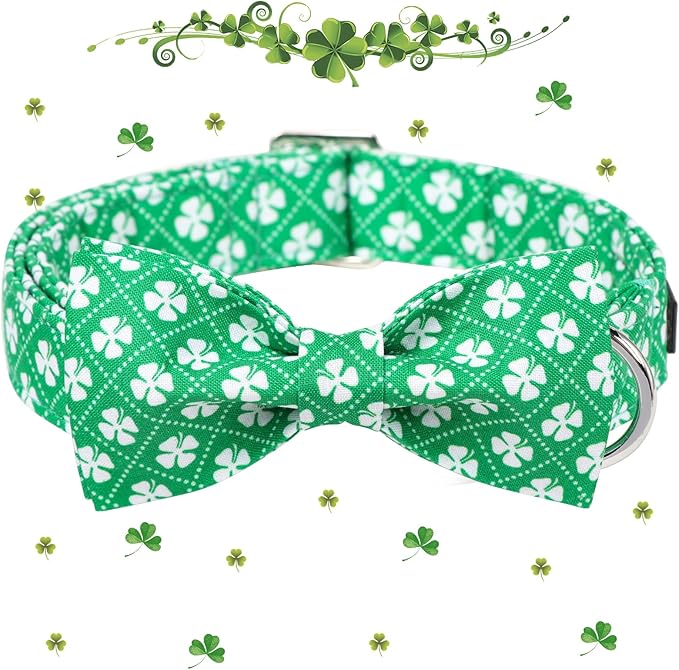Maca Bates St. Patrick's Day Shamrock Dog Collar,Fancy Bow Tie,Large Girl Boy Dogs, Checkered Lucky Clover Pattern,Adjustable Durable Soft Checkered Collars Irish Gift for Male Female Puppy