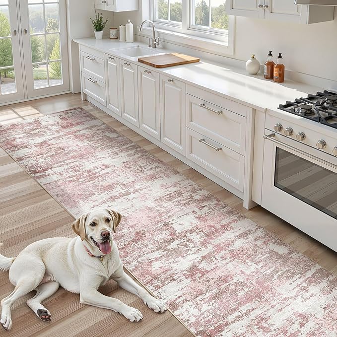 Area Rugs for Living Room: 3x8 Abstract Washable Rug Modern Neutral Large Soft Stain Resistant Non-Slip Backing Machine Table for Bedroom Dining Room Indoor Home Office Carpet - Pink