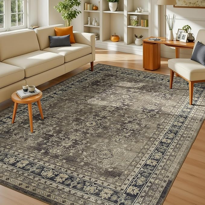Lessymo 6x9 Area Rugs for Living Room, Machine Washable Non Slip Rug, Soft Low Pile Carpet for Bedroom Dining Home Office, Vintage Brown Distressed Floral Floor Mat