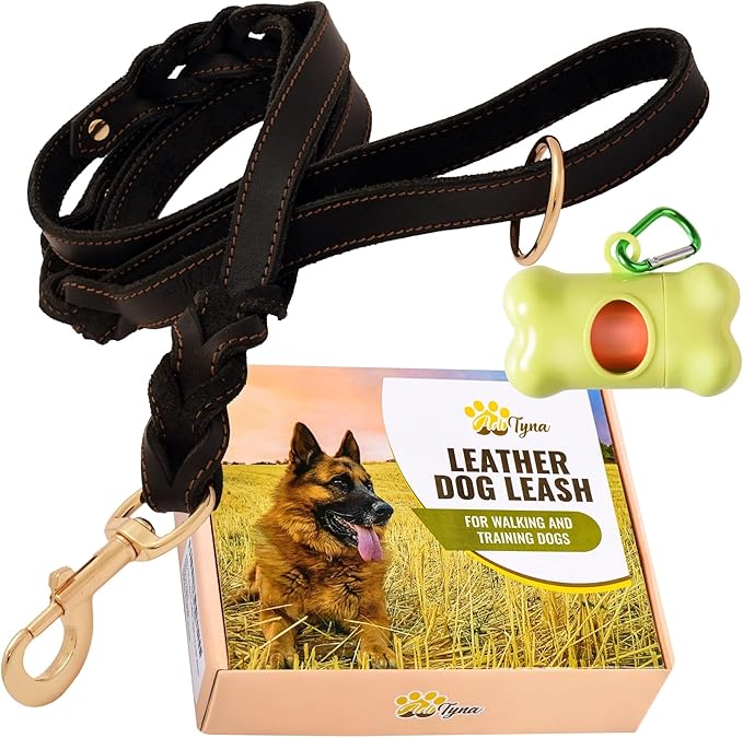 ADITYNA - Double Handle Leather Dog Leash 6ft - Heavy Duty Braided Dog Leash with Traffic Handle - Lead for Training and Walking Medium Large Breeds (Black, Two Handles 6 Foot x 3/4")