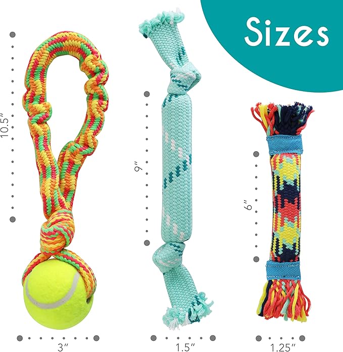 rocket & rex Dog Chew Toy Set for Small to Medium Breeds, Includes a Rope, Rubber Squeaker and Plush Toy with Ball, Reduces Destructive Chewing & Anxiety (Pack of 3)
