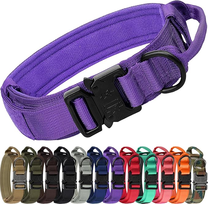 Joytale Tactical Dog Collar with Handle, Adjustable Heavy Duty Military Collar with 2 Patches for Training, Suitable for Medium Dogs, Purple, M