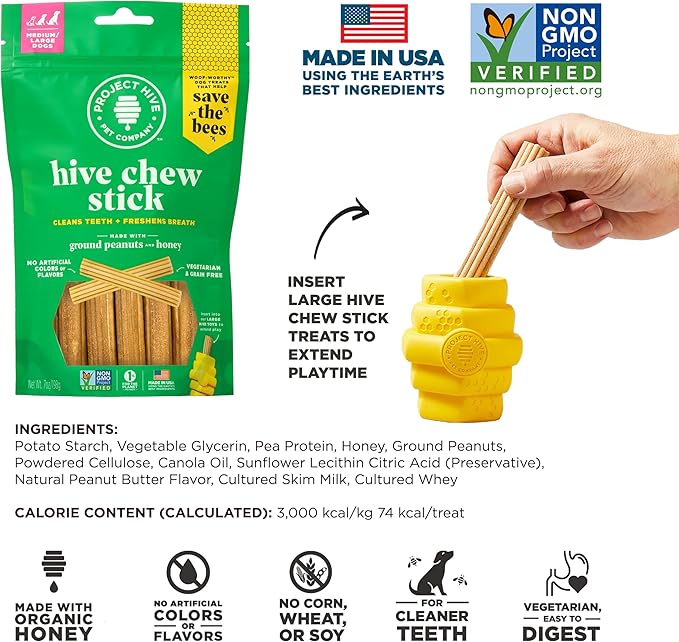 Natural Dental Treats for Dogs 2 Pack - Healthy, Non-GMO Project Verified, Natural Peanut Butter Flavored, Vegetarian Chews, Made in The USA (Chew Sticks, Large Breeds)