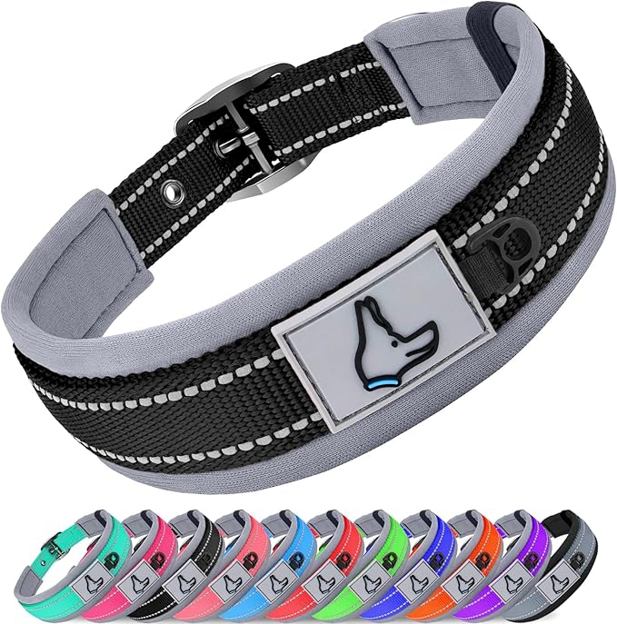 Joytale Dog Collar for Large Dogs, Neoprene Padded and Adjustable, Reflective Wide Heavy Duty Pet Collars with Durable Metal Belt Buckle for Walking, Black, L