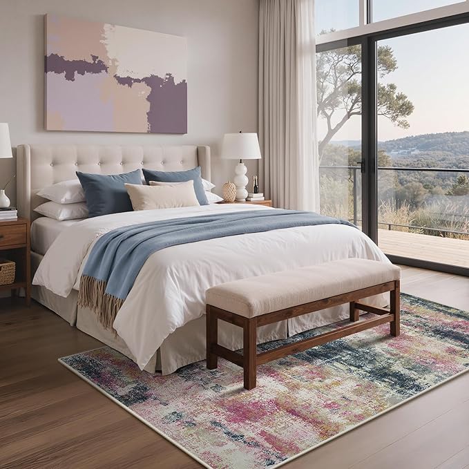 Area Rugs 5x7 for Living Room Bedroom, Modern Abstract Machine Washable Rug, Large Soft Low Pile Floor Carpet with Non Slip Backing for Dining Room, Navy/Pink