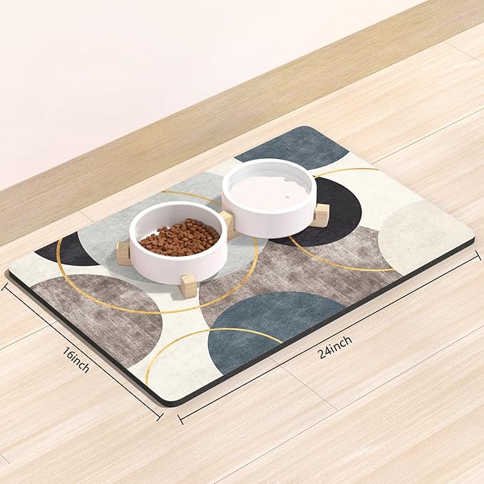 Rnivvi Dog Food Mat, 16" x 24" Boho Absorbent Dog Cat Bowl Mat for Food and Water, Cute Anti-Slip Rubber Pet Feeding Rug Protect Floors, Puppy Placemat for Feeding & Watering Supplies, Abstract Circle