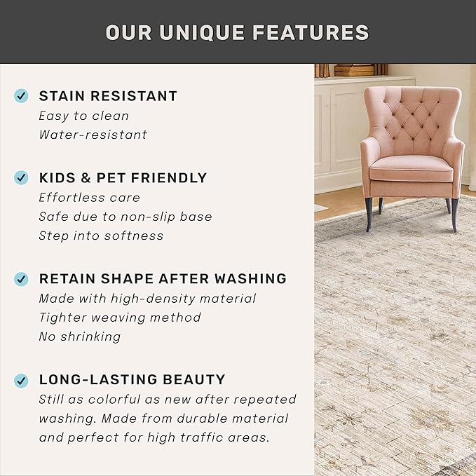 Ivory 5x8 Area Rug for Bedroom, Home Office, Washable Non Slip Dinning Rugs for Under Table, Soft Low Pile Neutral Farmhouse Boho Living Room Décor