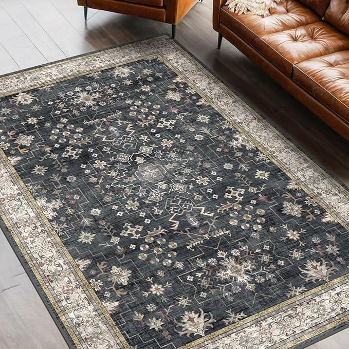 Black Boho Living Room Rug 5x7, Washable Dark Vintage Moody Low Pile Non Slip Carpet for Bedroom, Dinning Room, Office, Farmhouse, Retro Area Rug Indoor Decor (5x7 Black/Multi)